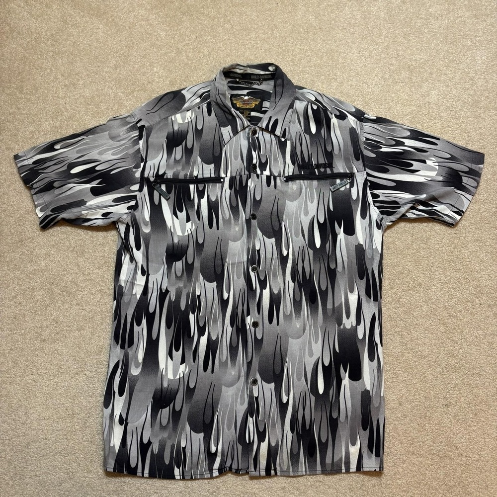 Harley Davidson Shirt Mens Medium Gray Flame‎ Button Up Short Sleeve Biker Rayon